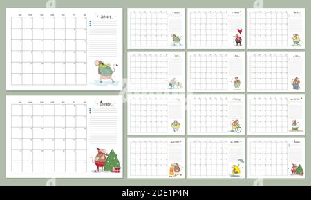 Wall calendar template for 2021 year.Calendar or planner with a cute bull isolated on white. Horizotal format.12 monthly pages with vector illustratio Stock Vector