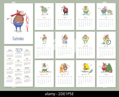 Wall calendar template for 2021 year.Calendar or planner with a cute bull isolated on white. Vertical format. Week starts on Montag Stock Vector