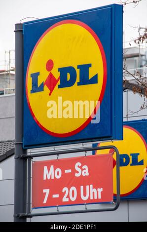 Munich, Germany - November 23, 2020. Sign at the entrance of a lidl store. Stock Photo