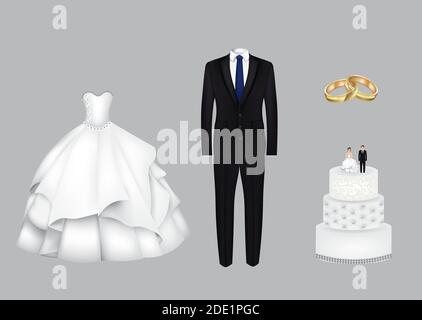 Wedding set. Dresses rings and cake. vector Stock Vector