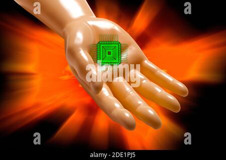 Artificial intelligence proposing an electronic chip. Stock Photo