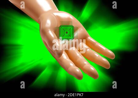 Artificial intelligence proposing an electronic chip. Stock Photo