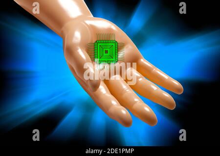 Artificial intelligence proposing an electronic chip. Stock Photo