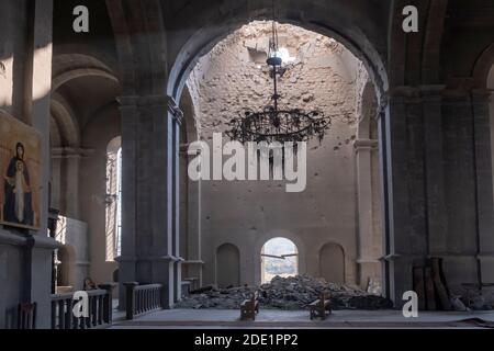 SHUSHI, NAGORNO KARABAKH - NOVEMBER 03: The interior of the 19th-century Holy Savior Cathedral, also known as the Ghazanchetsots Cathedral, after being hit by several Azeri artillery rounds in the town of Shushi or Shusha in Nagorno-Karabakh known also as the Artsakh Republic de jure part of the Republic of Azerbaijan on 03 November 2020. The fighting between Armenia and Azerbaijan over Nagorno-Karabakh re-erupted in late September into a six-week war with both countries accusing each other of provocation that left thousands dead. Stock Photo