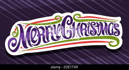 Vector banner for Merry Christmas, cut paper label with swirly calligraphic font, red and green decorative flourishes and curls, unique brush letterin Stock Vector