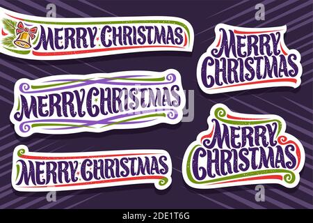 Vector set for Merry Christmas, 5 cut paper logos with brush calligraphic font - merry christmas, decorative flourishes, fun gold bell and spruce coni Stock Vector