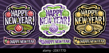 Vector set for New Year, 3 cut out labels and ribbons with illustration of colorful hanging baubles, brush handwritten text - happy new year! decorati Stock Vector