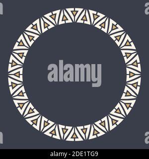 Abstract round meander, circular geometric ornament, frame made of triangles. Ethnic pattern isolated on dark background. Place for text. Vector color Stock Vector