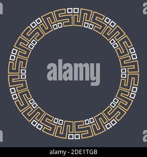 Abstract round meander, circular geometric ornament, stylish frame. Decorative pattern isolated on dark background. Place for text. Vector color. Stock Vector