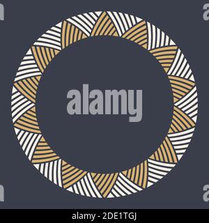 Abstract round meander, circular geometric ornament, striped frame. Decorative pattern isolated on dark background. Place for text. Vector color. Stock Vector