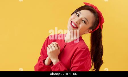 Confident good-looking beautiful woman dressed in casual clothes looking seriously at camera. Youth and beauty concept Stock Photo