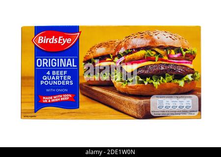 Packet of Birds Eye Original Beef Quarter Pounders with onion made with 100% UK & Irish beef isolated on white background - BirdsEye beefburgers Stock Photo