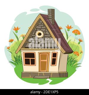 Stone garden house. Fabulous cartoon object. Cute childish style. Ancient dwelling. Tiny, small. Against the background of a landscape with flowers Stock Vector