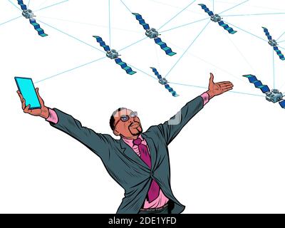 Black businessman and global satellite Internet. Isolate on a white background Stock Vector