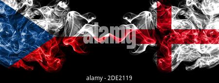 Czech Republic, Czech vs England, English smoky mystic flags placed side by side. Thick colored silky abstract smoke flags. Stock Photo
