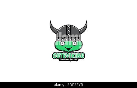 cute cartoon monster happy  head with viking helmet logo vector icon illustration design Stock Vector