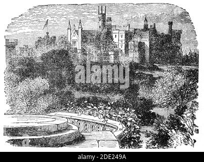 A 19th Century view of Alton Towers near the village of Alton in Staffordshire, England. In the 11th century, Alton Castle was built soon after the Norman Conquest about 1 mile from the present towers. It passed through varios aristocratic owners until destroyed during the English Civil War. In the 17th century, the former castle was redeveloped as a hunting lodge reusing one of the castle's former towers, which remains part of the present-day building. Stock Photo