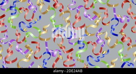 Seamless pattern falling realistic shiny bright confetti, colorful serpentine on grayd. Design for New Year, Merry Christmas. Birthday Celebration. Br Stock Vector