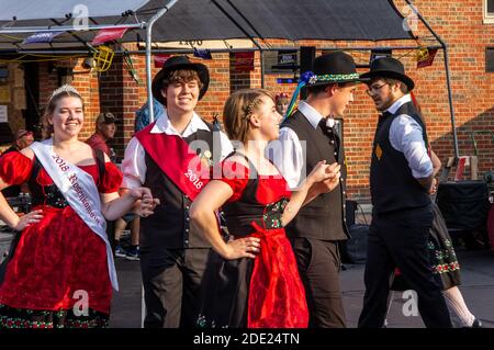Belleville IL--Aug 26, 2018; teenagers dressed in traditional German clothes performing folk dances at community event Stock Photo