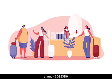 Girlfriends on vacation, women with luggage at reception, guesthouse front desk, administrator gives visitor key. Hotel service, room reservation conc Stock Vector