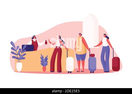 Women with luggage at guesthouse front desk, inn administrator, receptionist gives lodger key, hotel business. Room booking, reservation queue concept Stock Vector