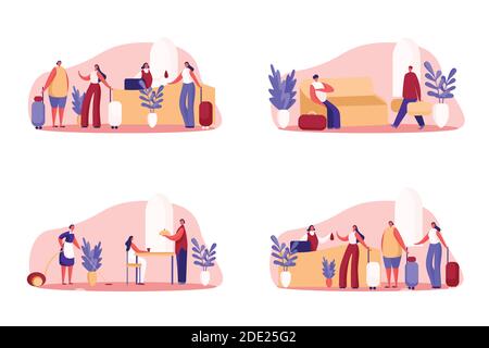 Hotel business, luxurious guesthouse, visitors with baggage check in, queue at reception, room service, cleaning and dinner. Tourism, vacation season Stock Vector