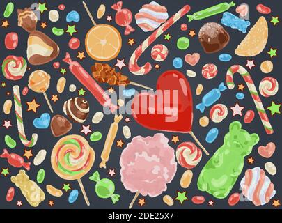 Confectionery products, delicious desserts, caramel sticks, chocolate sweets, marshmallow, fruity marmalade, tasty lollipops set. Candy shop assortmen Stock Vector