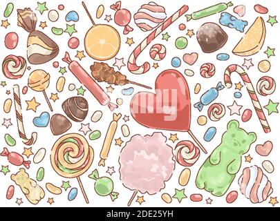 Confectionery products, delicious desserts, caramel sticks, chocolate sweets, marshmallow, fruity marmalade, tasty lollipops set. Candy shop assortmen Stock Vector
