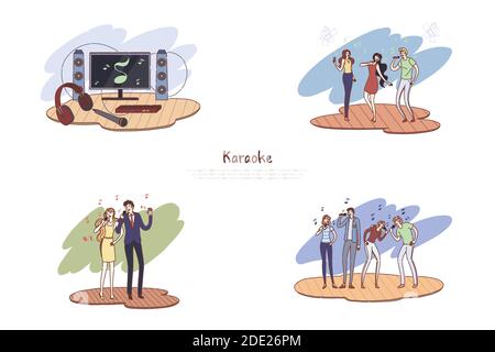 Music entertainment, friends with microphones performing songs together, singing and dancing, musical leisure banner. Karaoke hobby, amateur singers c Stock Vector