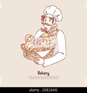 Young man in chef cap holding basket with homemade baking, delicious pastry, baguette, pretzel, bakery, bakehouse banner. Baker with fresh bread conce Stock Vector