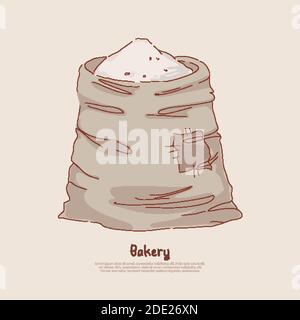Natural bread, dough, pastry ingredient, powdered wheat, cereal grains harvest, agriculture, bakehouse product, bakery banner. Wholemeal flour bag con Stock Vector