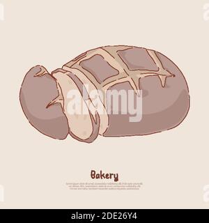 Natural rye bread, fresh sliced sweet bun, tasty homemade food with crust, bakehouse, baking store banner. Delicious pastry, bakery product concept ca Stock Vector
