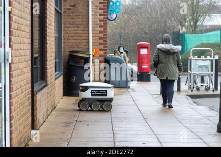 Northampton, UK, 28th November 2020. Starship’s robots delivery system started in the last few days from local Co-op store in the Wootton Fields Centre in Wootton area of town delivering within 3 miles of the store, serving around 5,000 households with contactless deliveries, it has been kept busy since starting. Credit: Keith J Smith/Alamy Live News Stock Photo