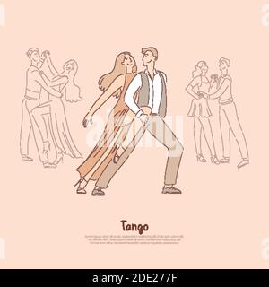 Professional dancers, man and elegant woman in red dress performing tango, passionate performance banner. Traditional argentinian dance concept cartoo Stock Vector