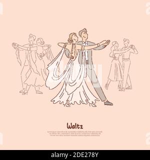 Happy couple in ballroom, young man in suit and woman in beautiful dress dancing waltz, ballet school banner. Classic elegant performance concept cart Stock Vector