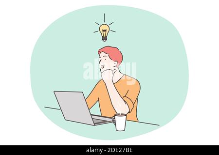 Business, work, success, thought, problem, brainstorm concept. Smart happy businessman genius cartoon person having idea. Intelligence mind and goal a Stock Vector