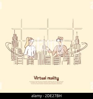 Colleagues in vr glasses discussing architectural project, city hologram, futuristic coworking, virtual reality banner. Business innovation, technolog Stock Vector