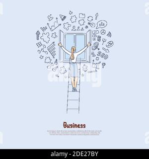 Young businesswoman standing on ladder back view, executive manager opens window, break from work banner. Successful female entrepreneur concept carto Stock Vector