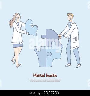 Cheerful doctors assembling human head shaped jigsaw puzzle, mental treatment metaphor, psychologist profession banner. Professional medical assistanc Stock Vector