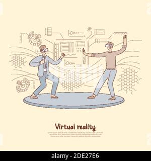 Smiling corporate workers in vr headsets, lounge zone, businessmen in futuristic glasses, virtual reality banner. Business competition, rivalry concep Stock Vector