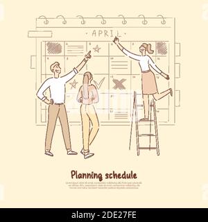 Workflow optimization, business development team, efficiency, productivity increase, time management banner. Colleagues planning working schedule conc Stock Vector