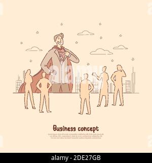 Confident businessman, brave superhero in suit with cape, team manager, leader, business activity banner. Entrepreneur standing in heroic pose concept Stock Vector