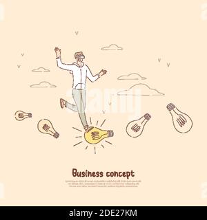 Young businessman, cheerful entrepreneur in vr headset, entrepreneurship metaphor, business innovation banner. Brainstorm, creative startup idea conce Stock Vector