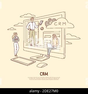 Client support system, company communication service, young colleagues analyzing data, crm software banner. Customer relationship management concept c Stock Vector