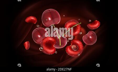 Cherry berries scatter on a chocolate background. Stock Vector