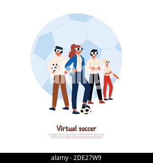 Footballers wearing virtual reality headsets, male, female soccer players, cheerful gamers in VR glasses banner. Hi-tech 3d entertainment technologies Stock Vector