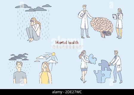 Mental health problem, scientists, researchers study human brain functioning, psychology of personality banner. Analyzing depression and happiness con Stock Vector