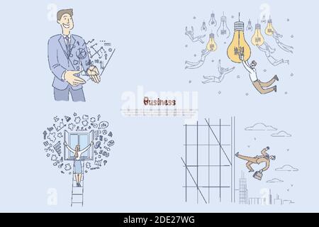Successful businessman generating ideas, male and female entrepreneurs planning and managing business projects banner. Creating startup concept cartoo Stock Vector