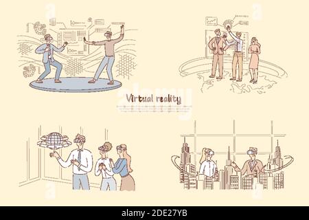 Virtual reality in daily life, man in VR glasses training martial arts, presentation on AR board, 3d modelling banner. Virtual city sightseeing tour c Stock Vector