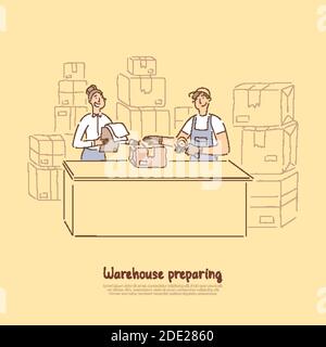 Warehouse workers preparing products for shipment, supervisor checking orders list, handyman packing parcel with duct tape banner. Delivery service co Stock Vector